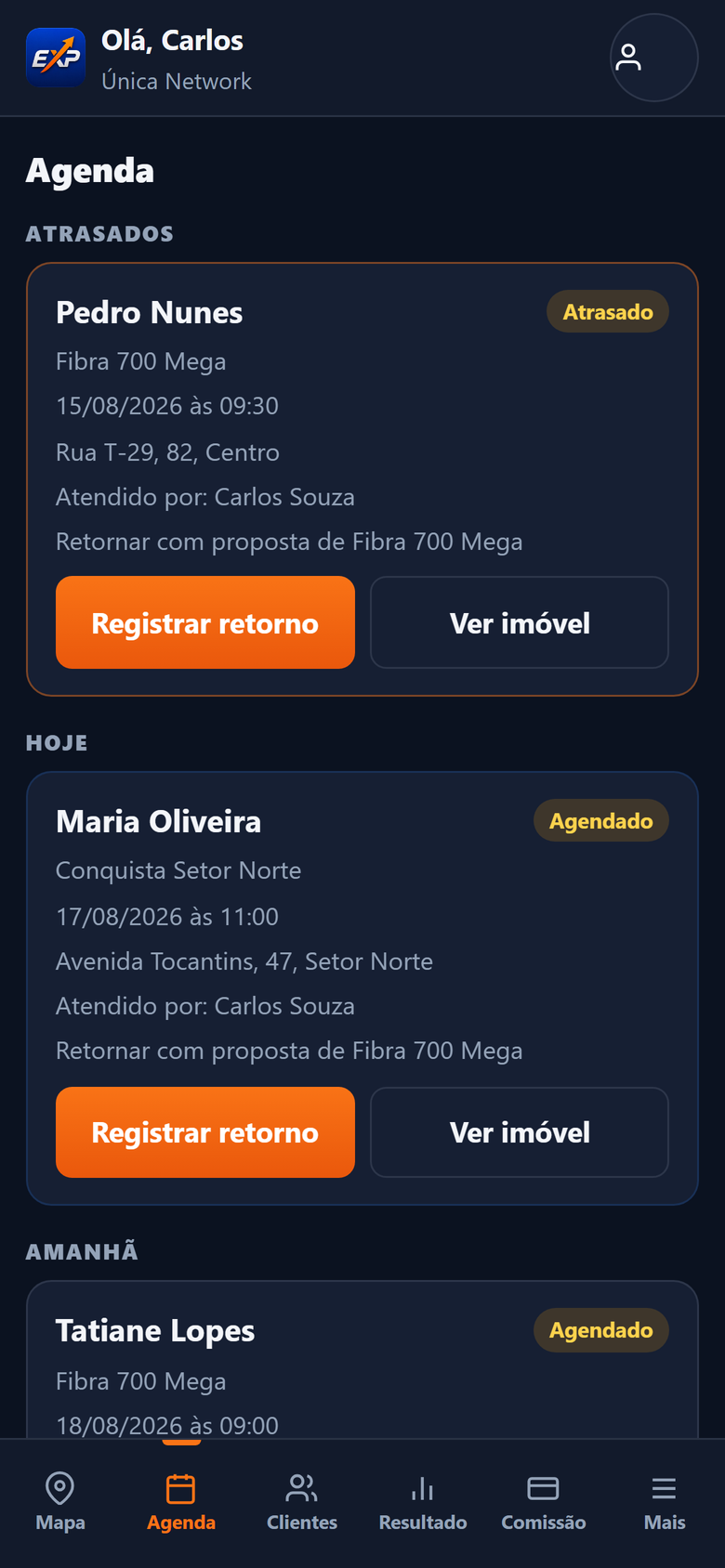 Agenda do EXP Vendedor com retornos de clientes