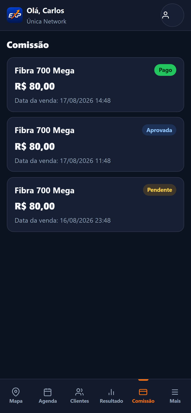 Tela de comissões do EXP Vendedor com valores da operação