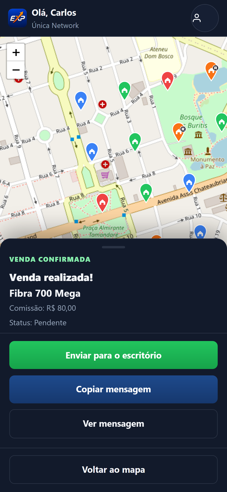 Tela de venda realizada no EXP Vendedor, com confirmação e comissão