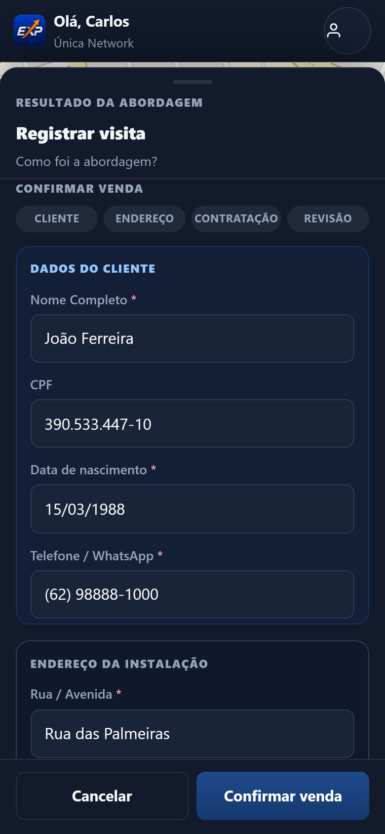Formulário de venda do EXP Vendedor com dados da contratação